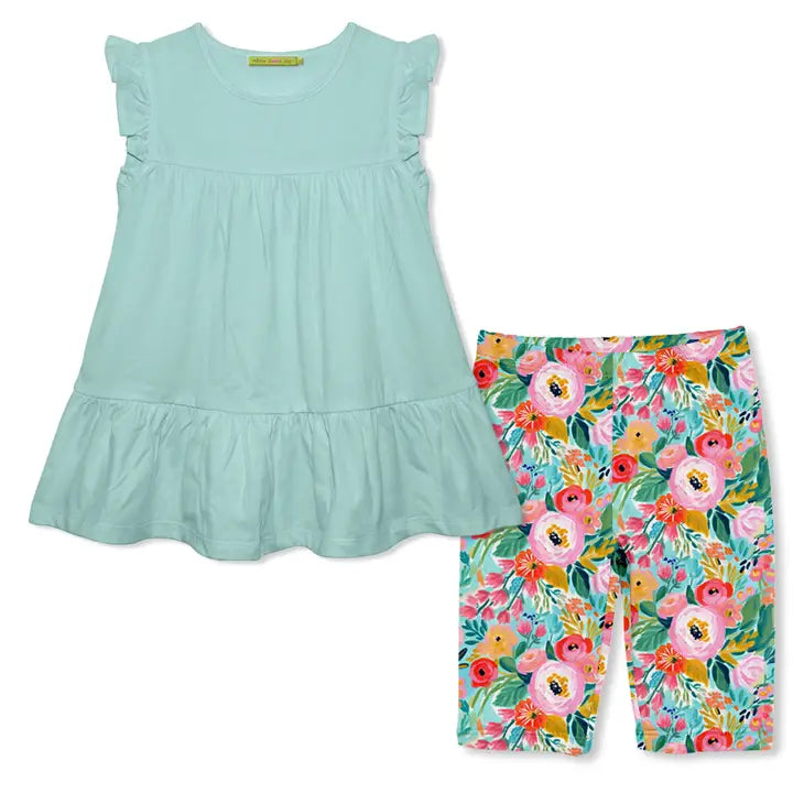 Girls Mint Ruffle-Sleeve Tiered Top & Bike Shorts