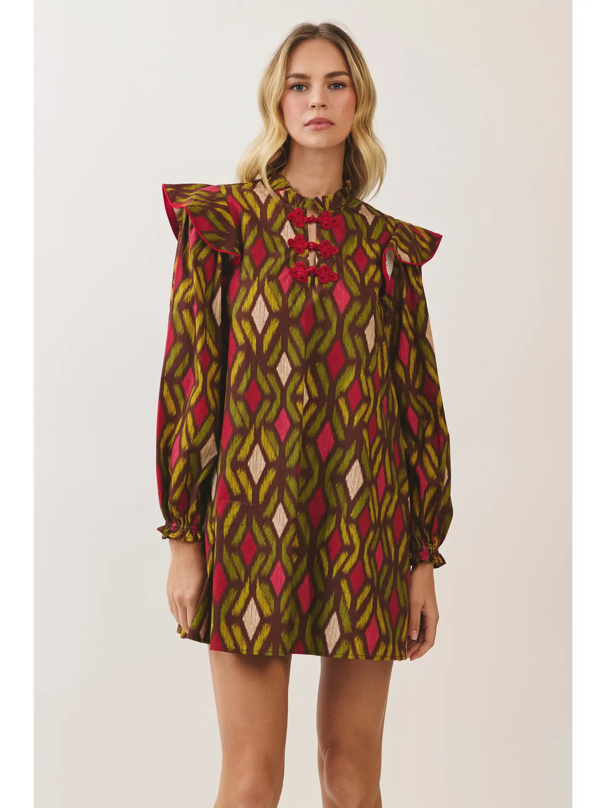 Geometric Print Ruffle Mini Dress