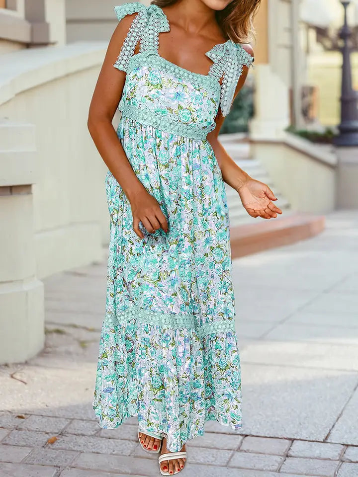 Floral Lace Tied Strap Empire Waist Maxi Dress