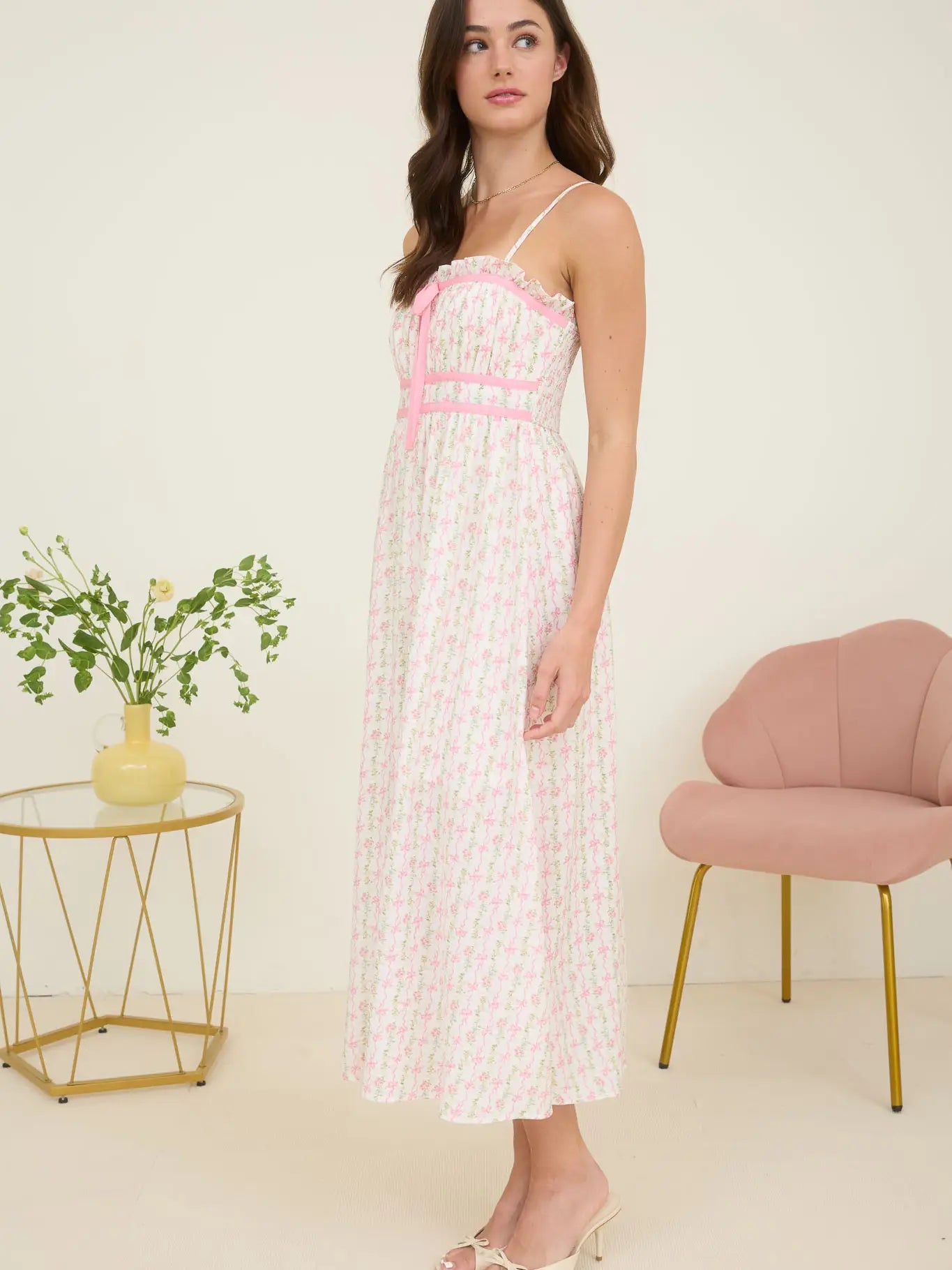 Floral Bow Pattern Spaghetti Strap Midi Dress