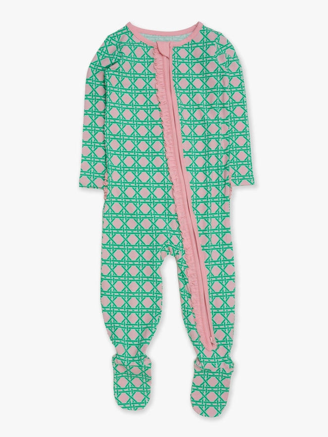 RuffleButts - Softsnooze™ Baby Girls Cotton Modal Pink Coastal Cane Footed Ruffle One Piece Pajama