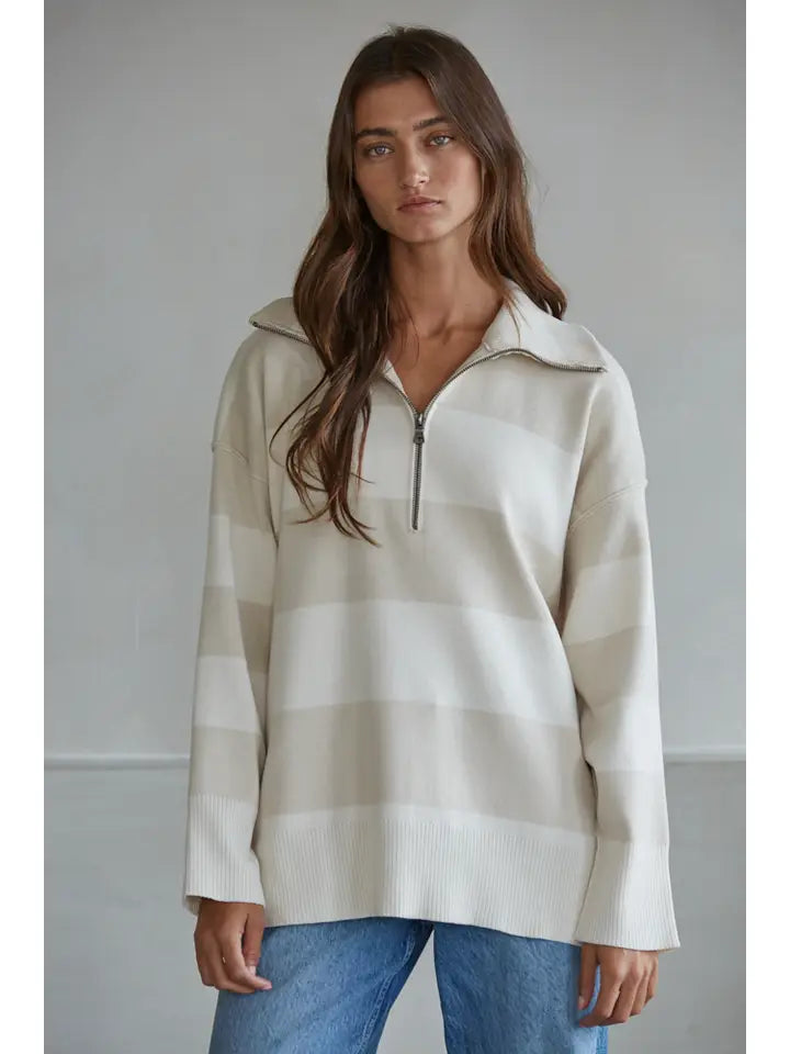 Knit Striped Turtleneck Half Zip Up Top
