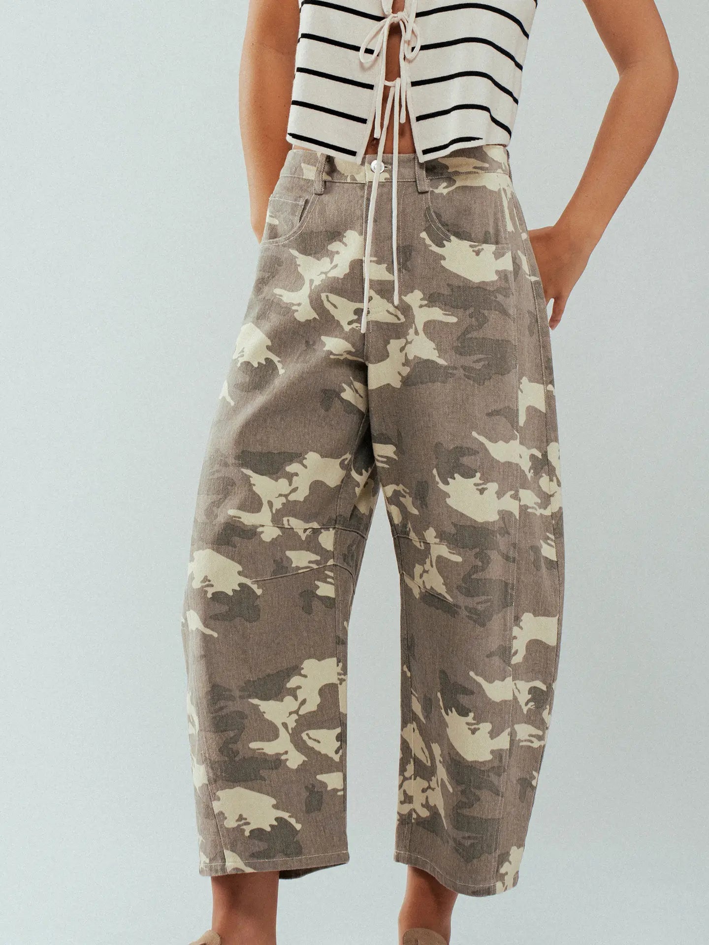 Camo Print Wide Leg Cropped Western Jeans
