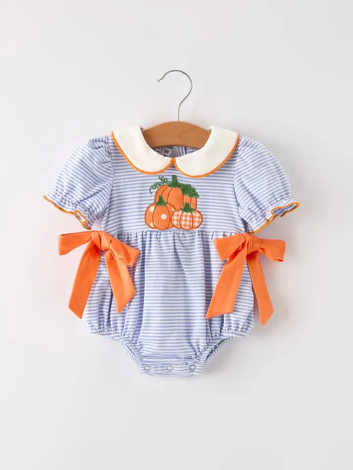 Fall Thanksgiving and Halloween Lapel Stripe Pumpkin Applique Bow Girls Romper