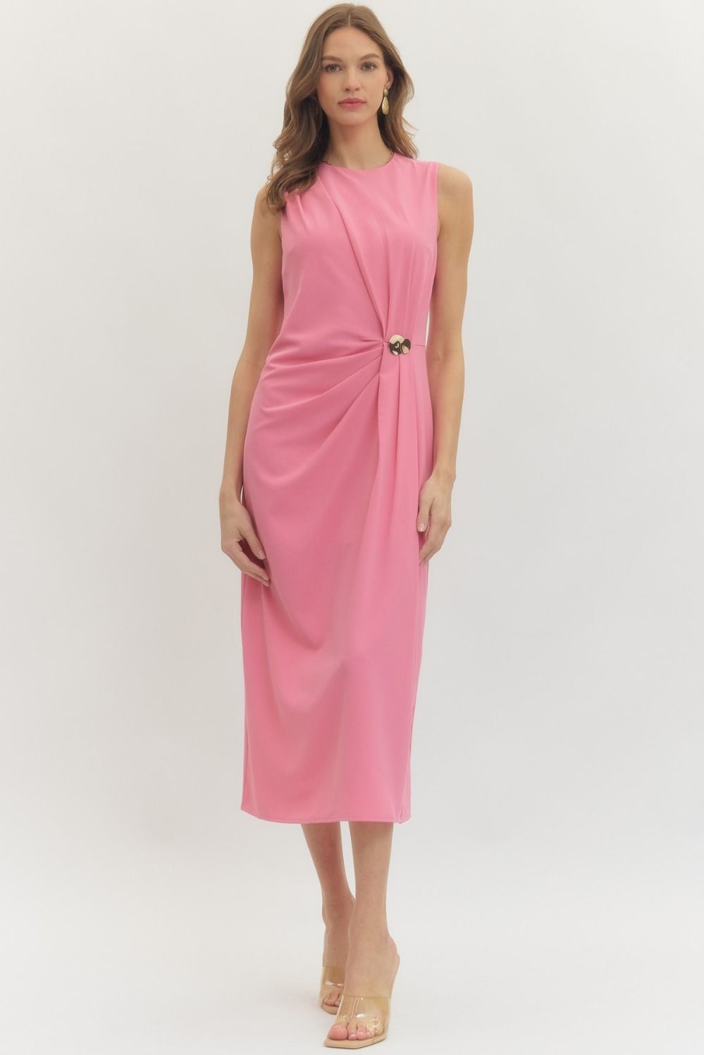 PLEATED MIDI DRESS W GOLD ACCENT