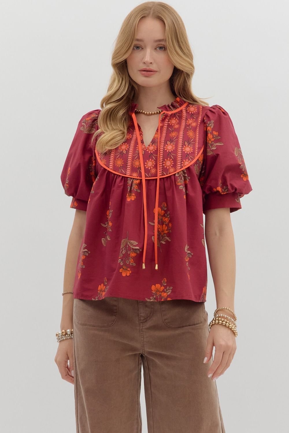 Floral Print Cuff Bubble Sleeve Blouse
