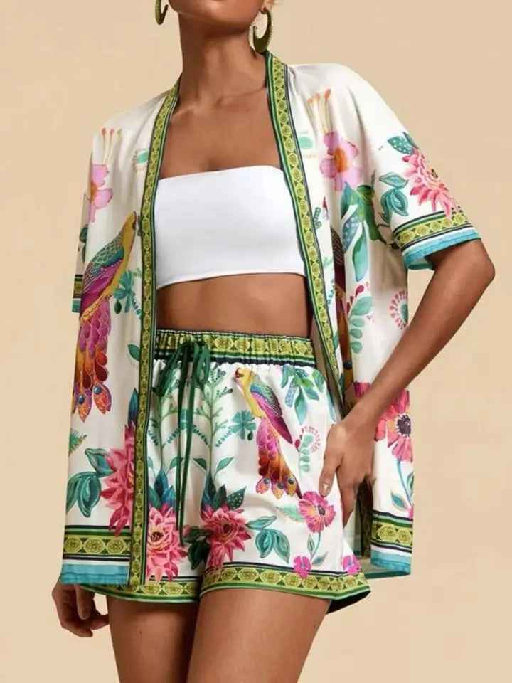 Vibrant Summer Printed Kimono Drawstring Shorts Set