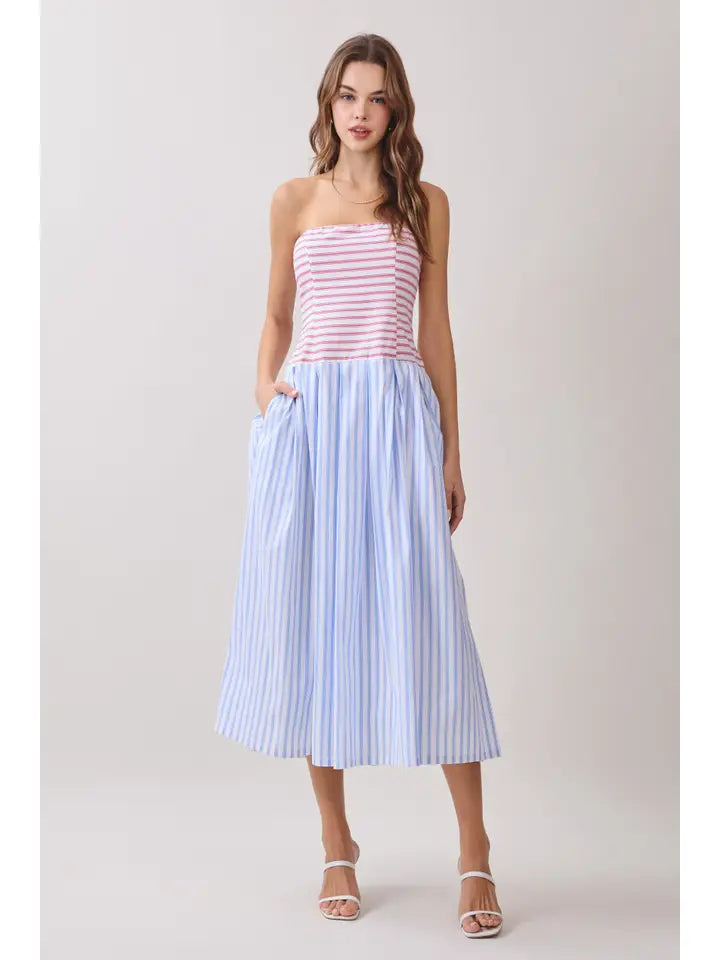 Striped Fitted Bodice Strapless Midi Dress
