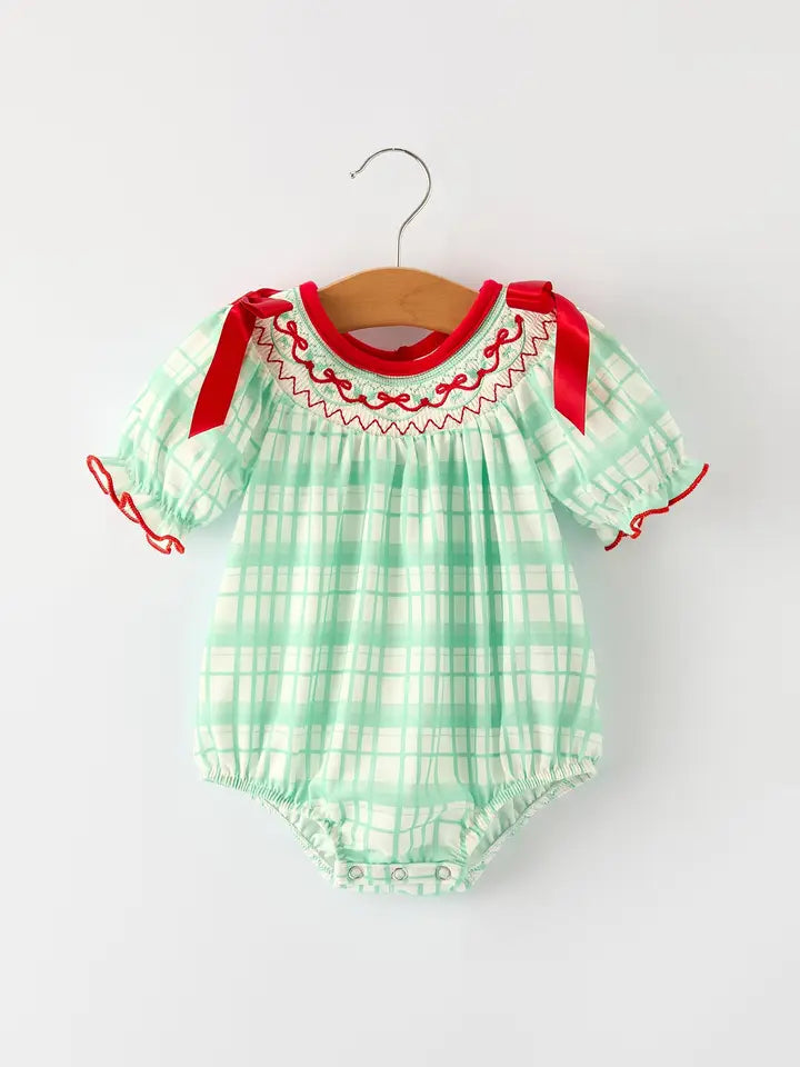 Christmas Baby Girl Smock Embroidery Green Plaid Romper