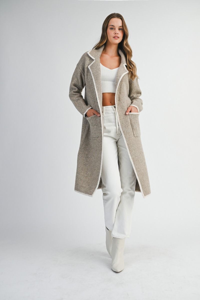 Knit lapel collar long sleeve open cardigan jacket