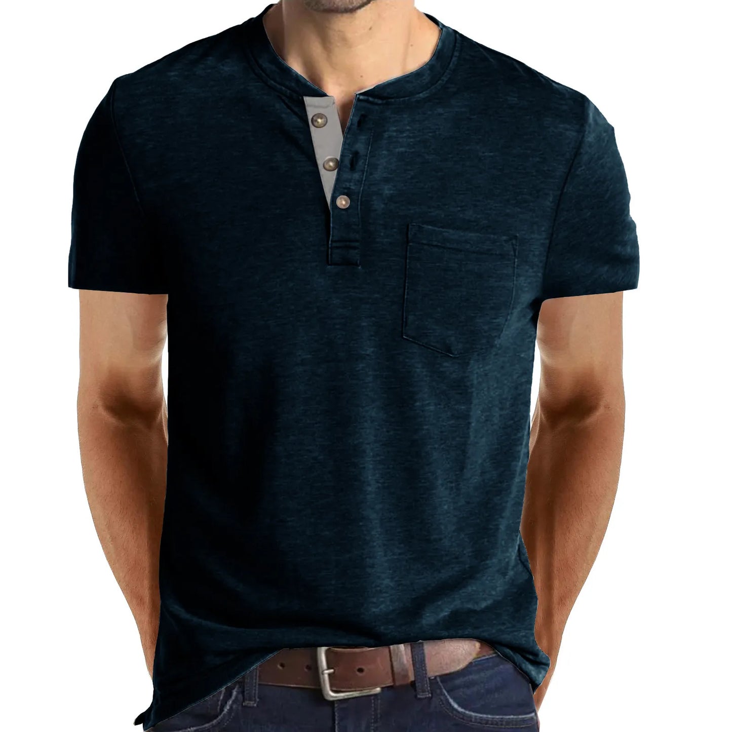 Men Casual Round Neck Button Short Sleeve Pocket Solid Color Polo T-Shirt