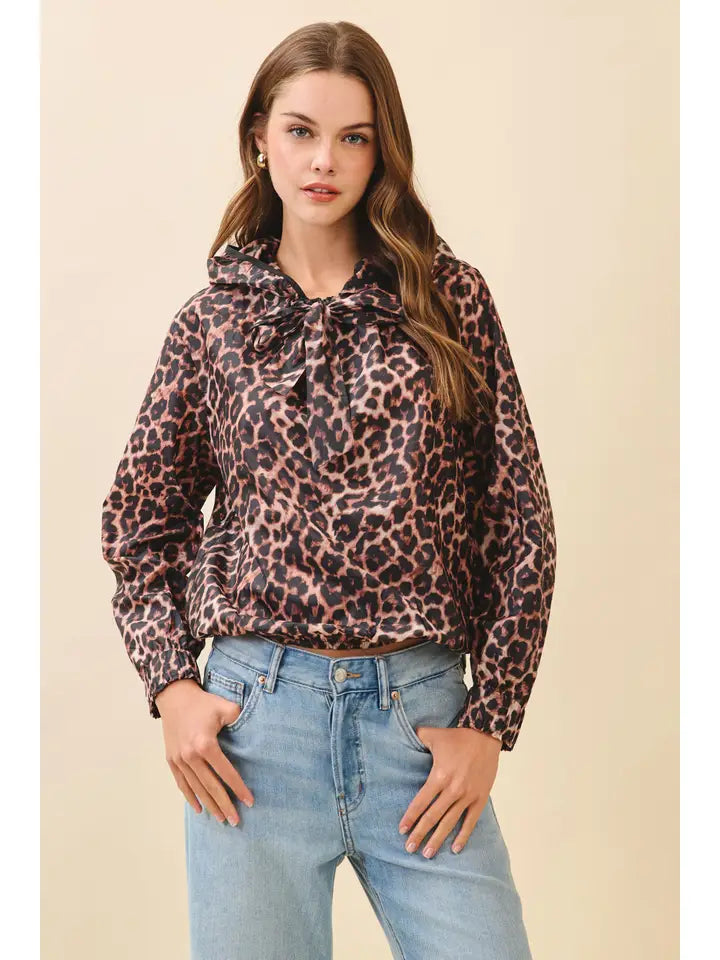 Leopard Print Adjustable Ribbon Tie Hoodie Top