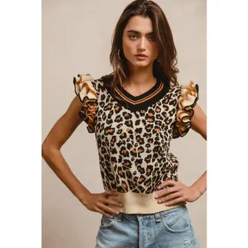 Leopard Prints Ruffle Short Sleeves Top