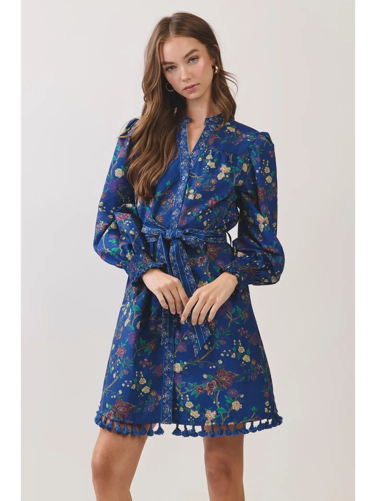 Floral Print Tassel Trim Belted Mini Dress