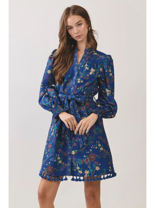 Floral Print Tassel Trim Belted Mini Dress