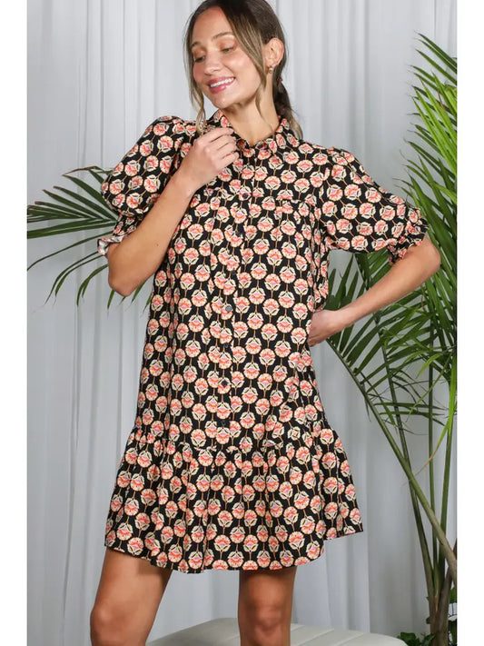Floral Geo Smocked Ruffled Hem Mini Shirt Dress