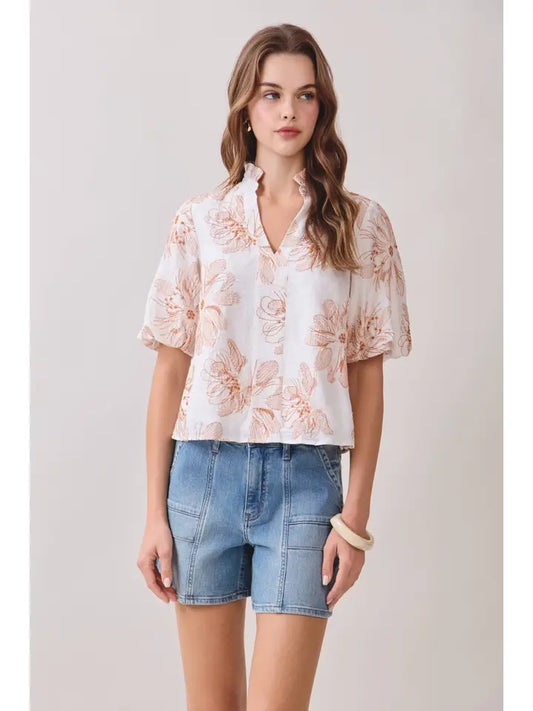 Embroidered Detail Ruffled Split Neck Top