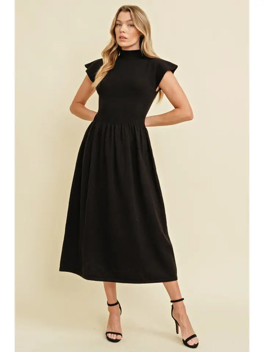 Mock Neck Stretch Waistband Maxi Dress