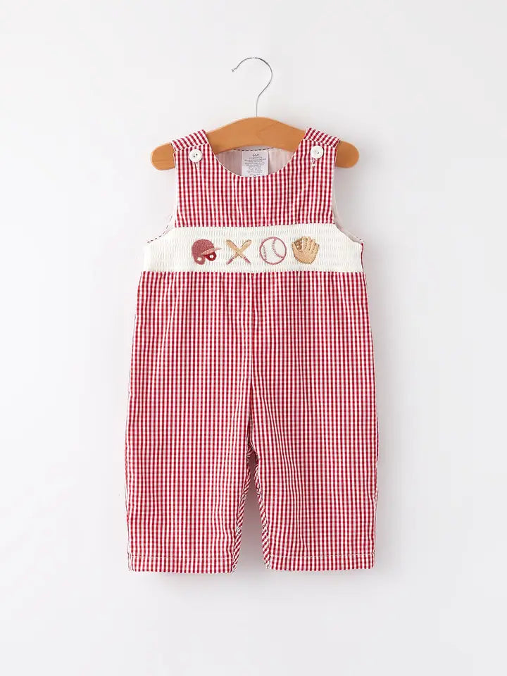 Baseball Baby Boys Smocking Embroidered Plaid Romper