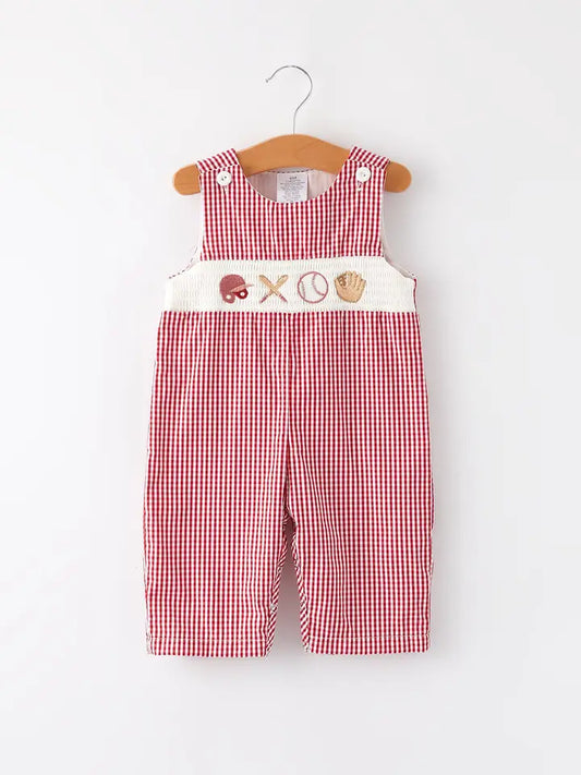 Baseball Baby Boys Smocking Embroidered Plaid Romper