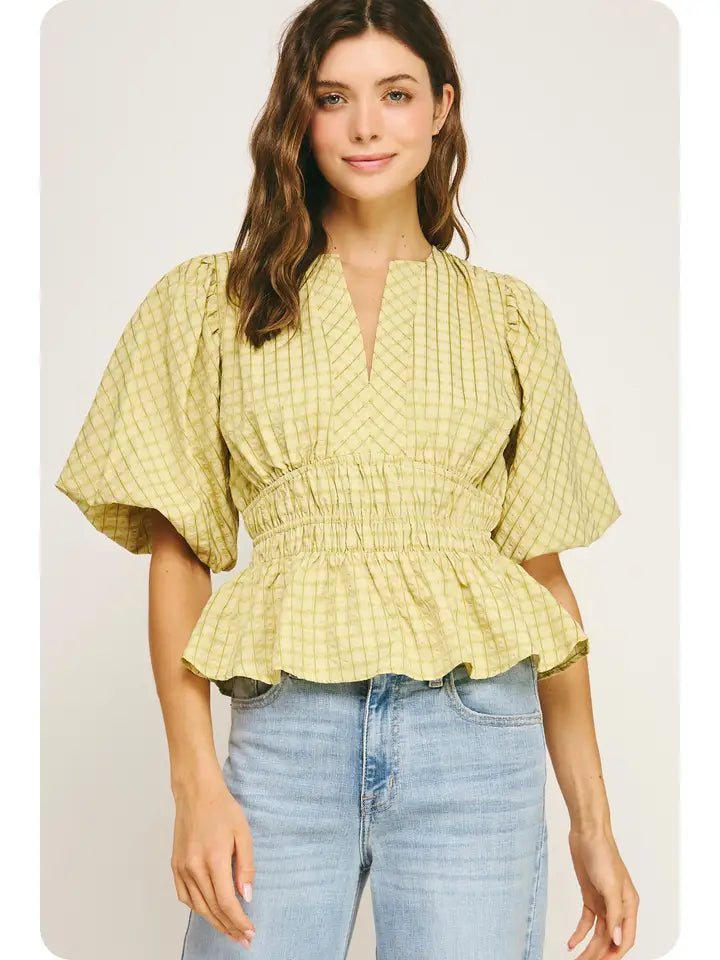 Checkered Puff Sleeve Blouse