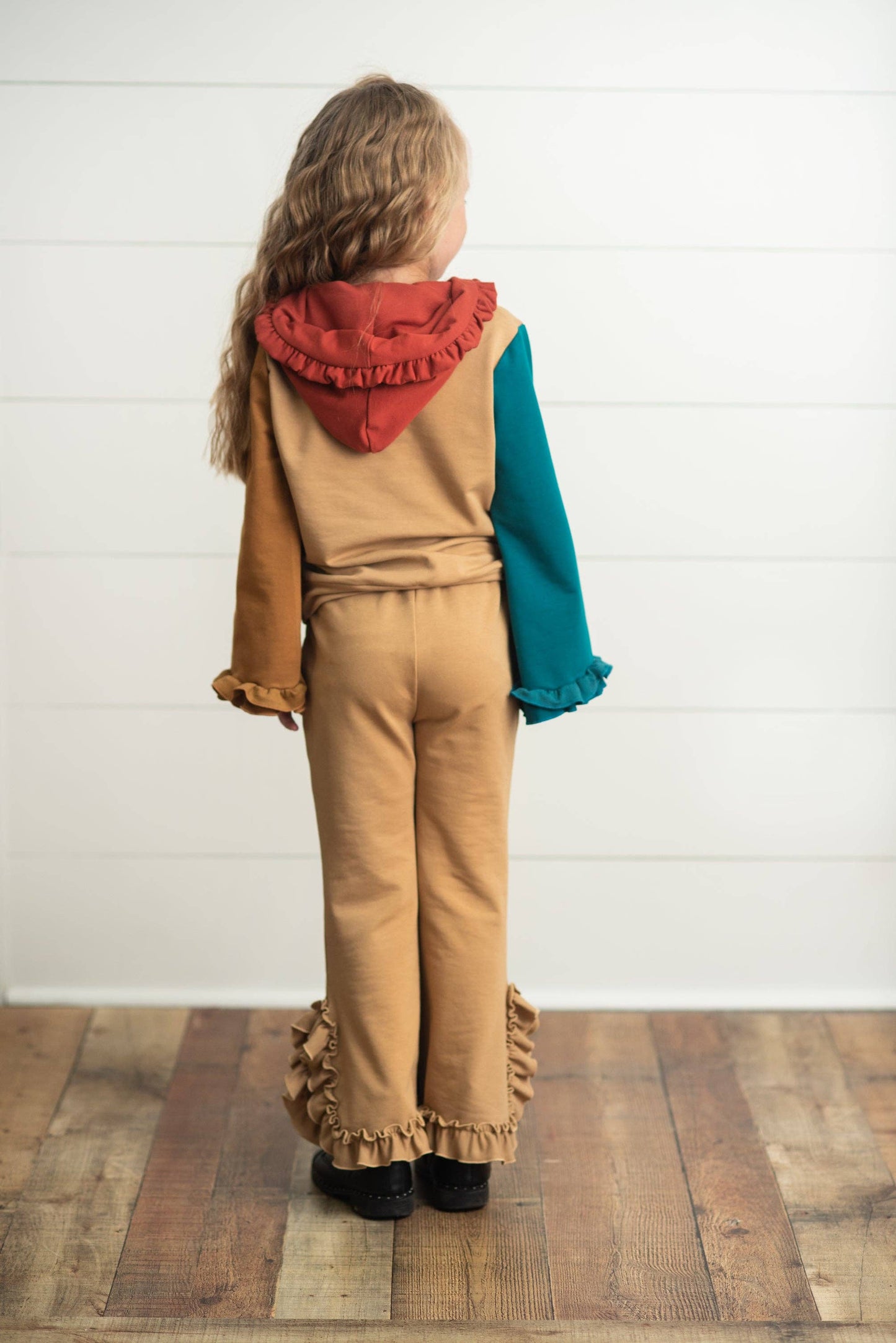 Kids Rust & Brown Fall Color Block Hooded Ruffle Pocket Set