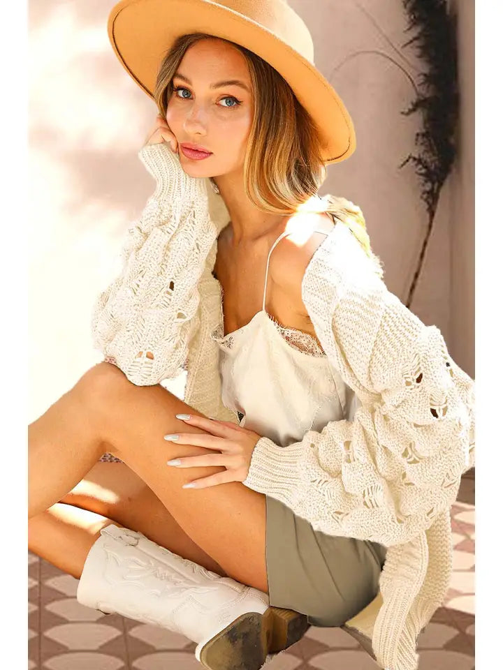 Bubble Crochet Sleeve Open Front Chunky Knit Cardigan