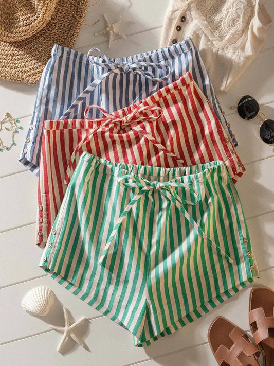 Retro Striped Side-Button Lounge Shorts