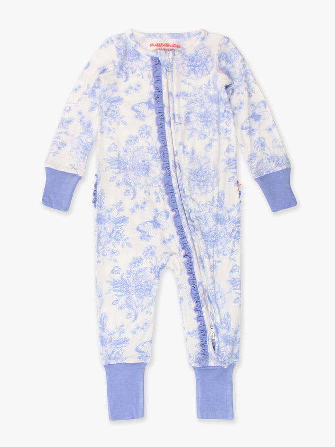 Bamboo Viscose Periwinkle Butterfly Garden Convertible Ruffle One Piece Footie Pajama