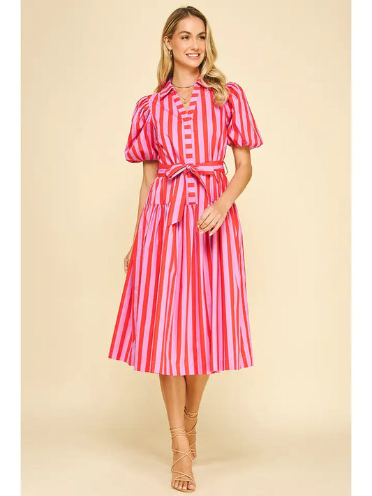 Striped Balloon Sleeve Midi Dress