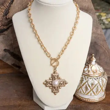 Cross Necklace Worn Gold Tone Front Toggle and Pearl