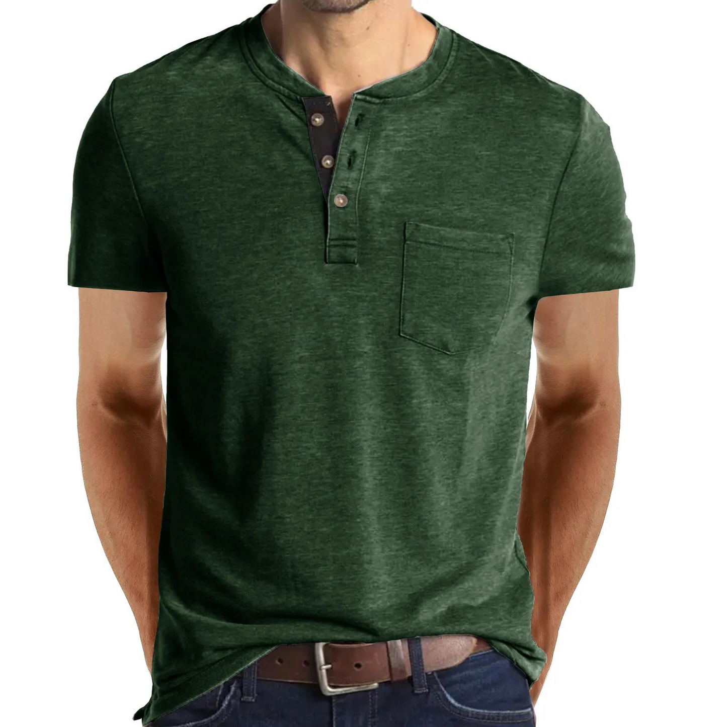 Men Casual Round Neck Button Short Sleeve Pocket Solid Color Polo T-Shirt