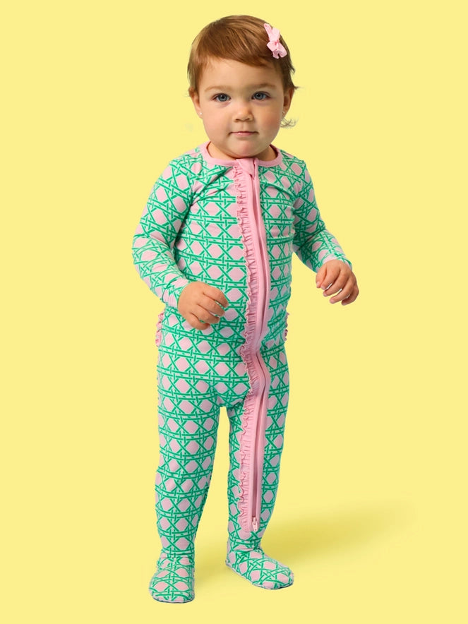 RuffleButts - Softsnooze™ Baby Girls Cotton Modal Pink Coastal Cane Footed Ruffle One Piece Pajama