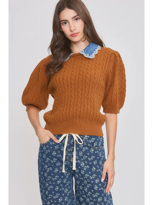 Cable Knit Puff Sleeve Denim Collar Sweater