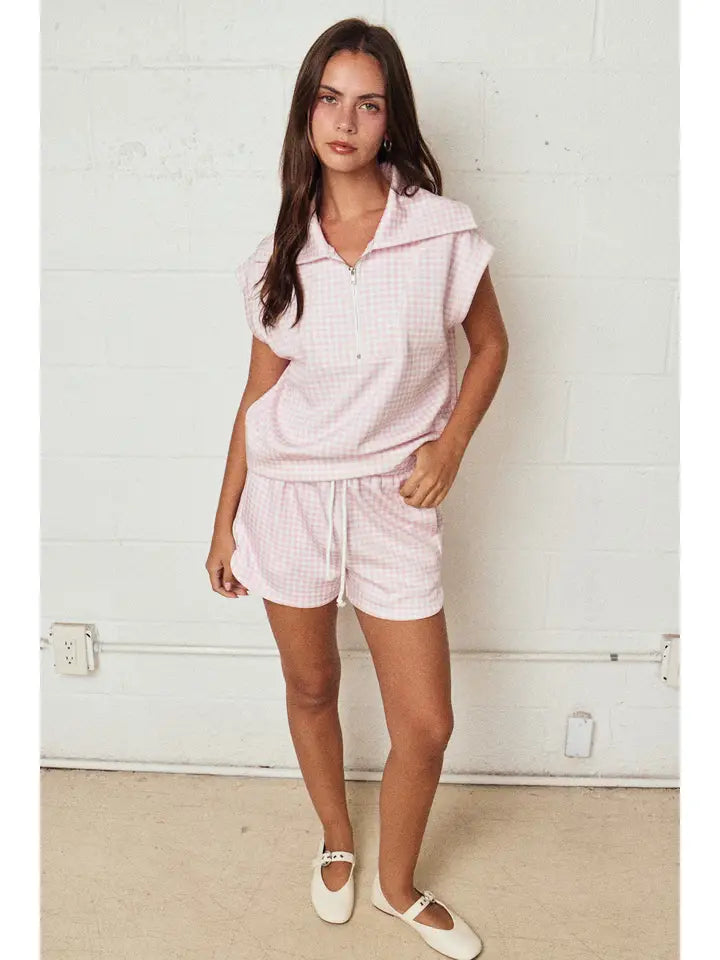 Gingham Zip Up Top Short Set