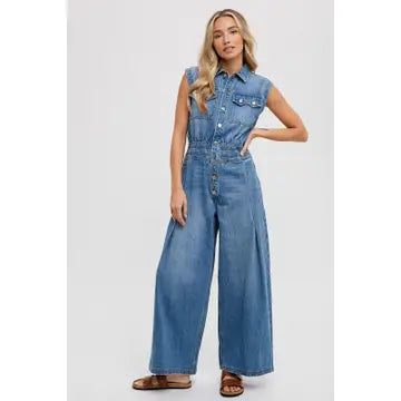 Denim Sleeveless Shirt Jumpsuit