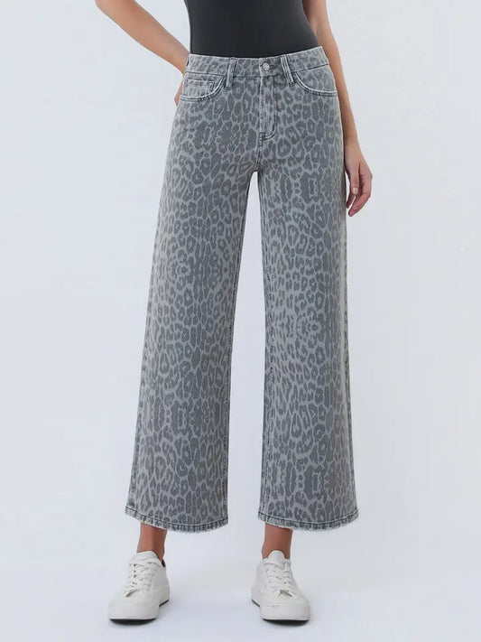 High Rise Grey Leopard Print Crop Wide Leg Jeans