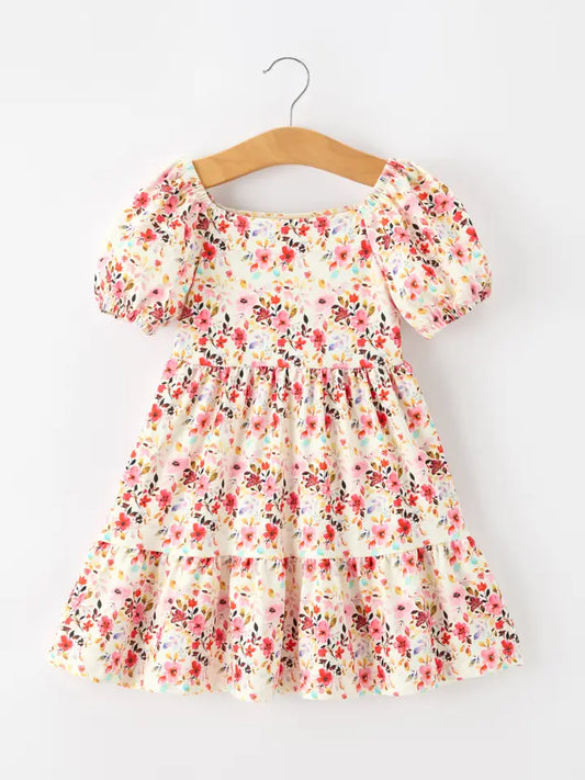 Vintage Floral Puff Sleeve Girls Dress