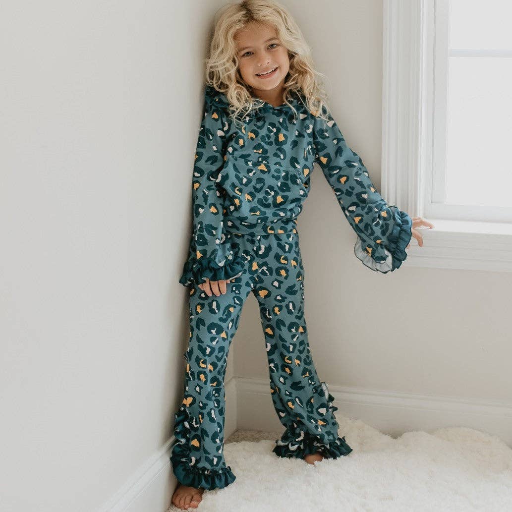 Kids Blue Leopard Print Hooded Ruffle Pocket Lounge Set