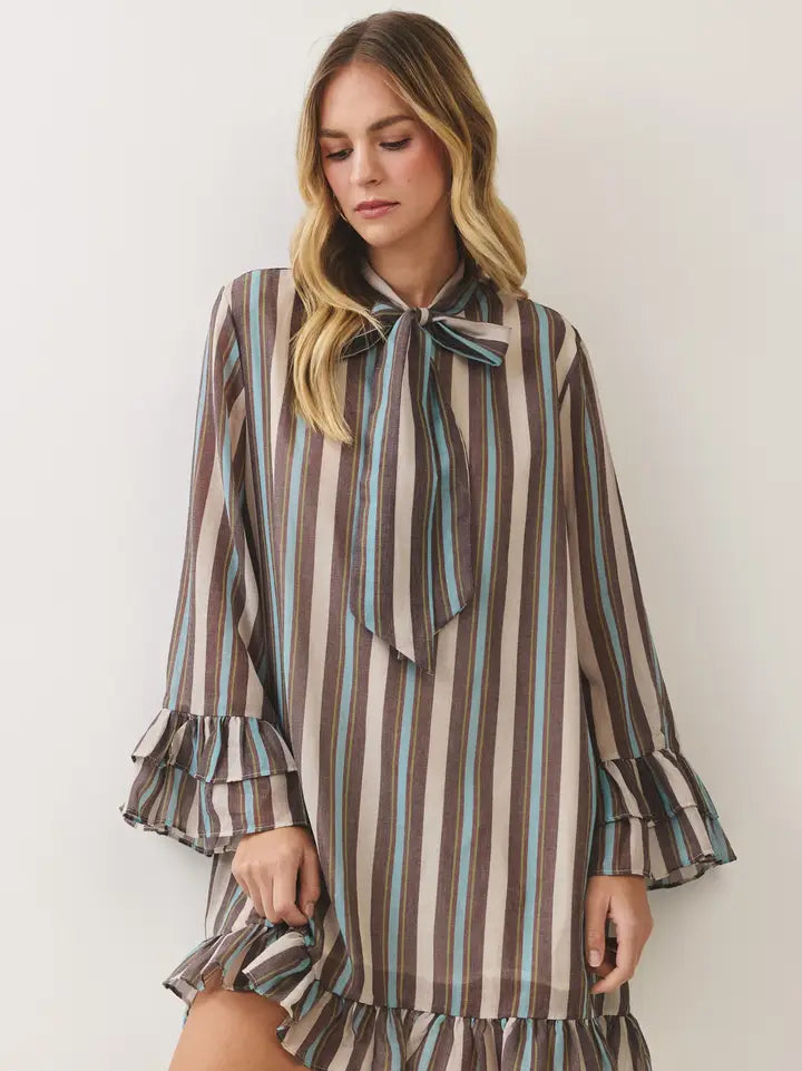 Striped Bow Tie Ruffle Mini Dress