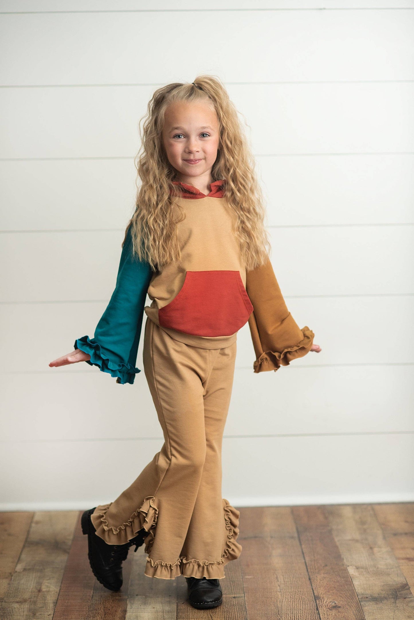 Kids Rust & Brown Fall Color Block Hooded Ruffle Pocket Set