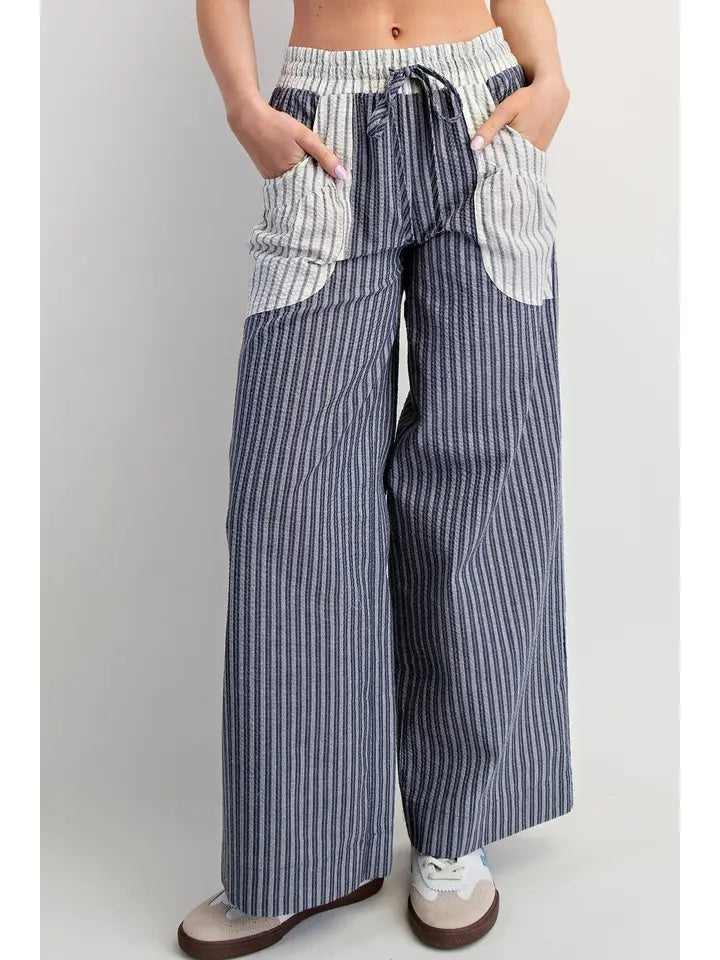 Contrast Pockets Striped Long Pants