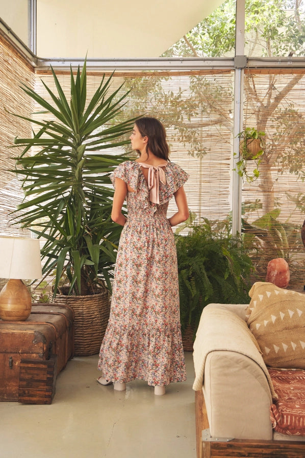 Floral Cascading Ruffle Sleeve Maxi Dress