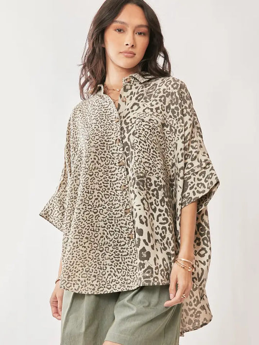 Animal Printed Ribbon Ruffle Sleeve Shirt