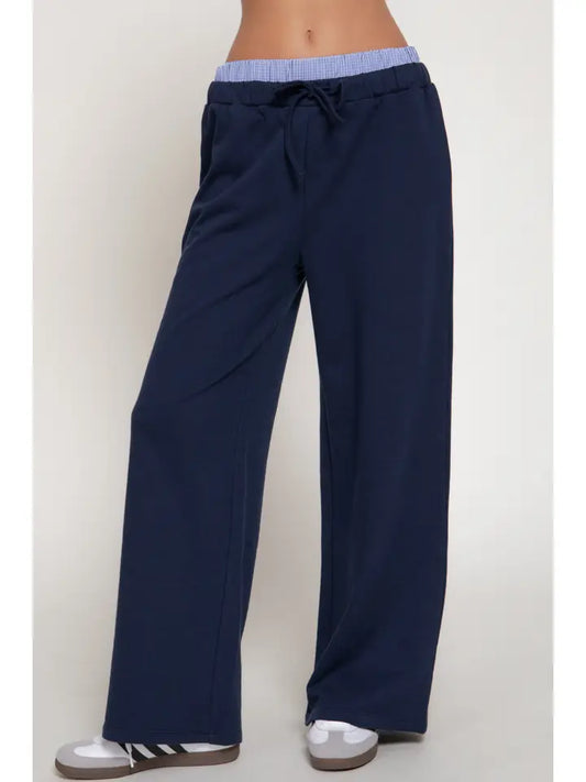 Elastic Waist Long Pants with Contrasting Check Panel