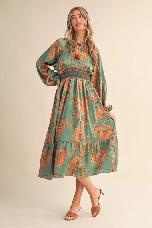 Paisley Print Smocked Midi Dress
