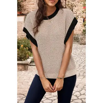 Contrast Trim Round Neck Batwing Sleeve Sweater Top