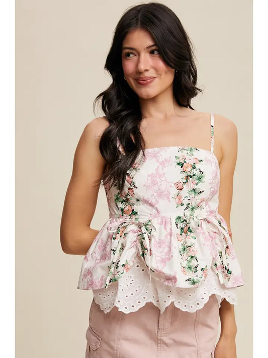 Floral Peplum Top with Eyelet Hem