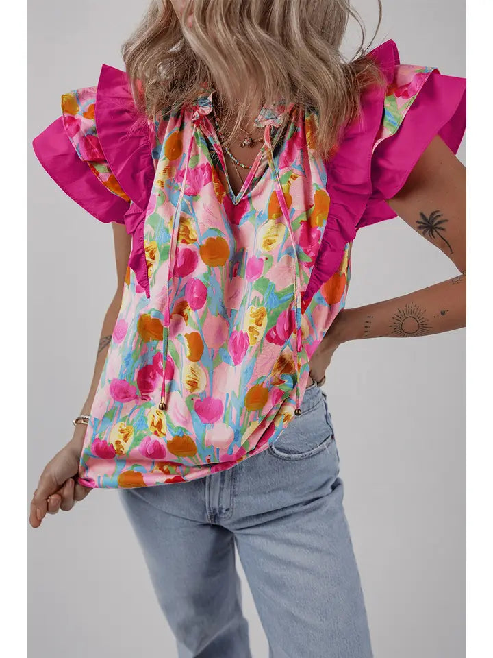 Floral Layered Ruffle Flutter Sleeve Tie V Neck Blouse
