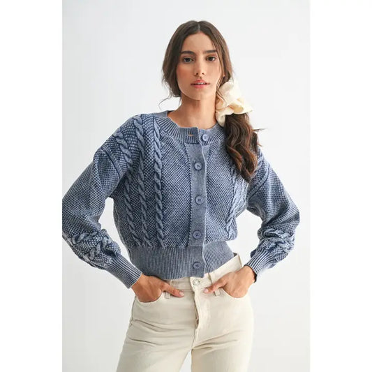 Washed Blended Blue Cable Knit Cardigan